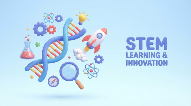 STEM Learning and Innovation Concept with 3D Icons of DNA, Rocket, Lightbulb, and Magnifying Glass