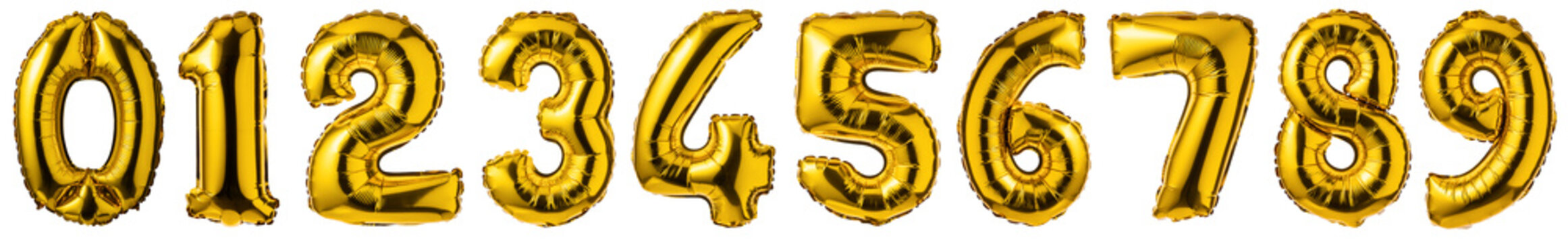 Gold balloons, golden numbers 1 2 3 4 5 6 7 8 9 0 helium balloons festive decorations for anniversary, birthday, wedding isolated on white background