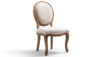 Fototapeta premium A white chair with a round backrest and wooden frame, placed against a white background with a soft shadow.