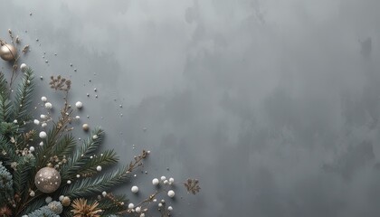 Elegant Christmas background with gold ornaments and fir branches for festive designs, holiday cards, and winter promotions, adding sophisticated charm