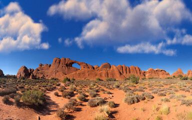Scenic view of Arches National Park Utah showcasing red rock formations and desert landscape