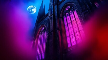 Stunning gothic architecture bathed in vibrant neon light under the full moon - Powered by Adobe