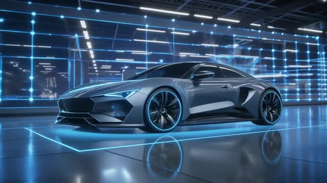 A luxury blue sports car drives fast on a sleek road set against a minimalist black background in this high-end 3D automotive design illustration