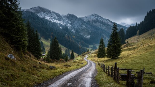 A winding dirt road meanders through lush green valleys surrounded by majestic mountains under cloudy skies. The landscape features tall pine trees and hints of snow on peaks. - Powered by Adobe
