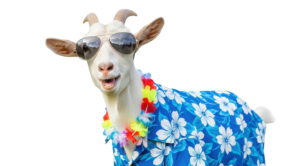 Goat wearing sunglasses and a Hawaiian shirt isolated PNG with Transparent Background