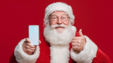 Santa Claus Holding Smartphone and Giving Thumbs Up Against Red Background for Cheerful Christmas Marketing and Holiday Promotion Concept