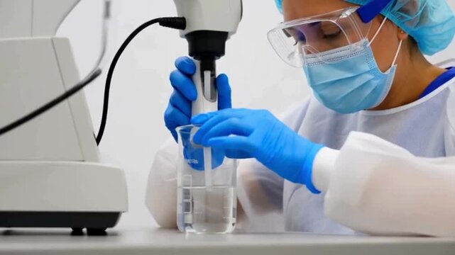A  laboratory moment where a scientist gently checks liquid samples using simple digital tools for careful daily testing &mdash; Generative AI.