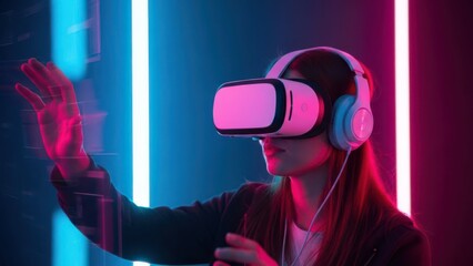 Woman wearing vr headset and headphones, interacting with virtual reality in neon light.