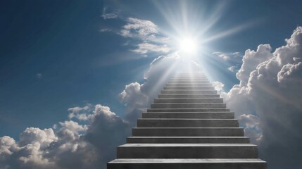 A set of concrete stairs rises into a brilliant light in the sky. Fluffy clouds surround the scene creating a peaceful and uplifting atmosphere during the day.