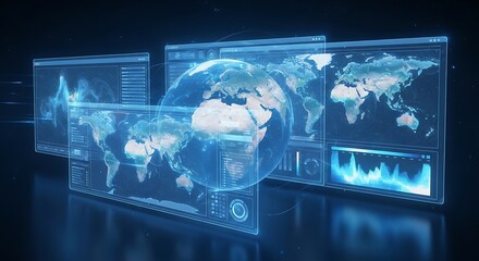 Global business intelligence interface showcasing advanced data analytics and interactive dashboards on transparent screens, emphasizing worldwide connectivity and information management.