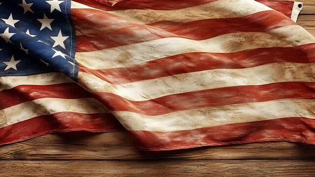 Waving vintage American flag drapes over rustic wooden surface with copy space