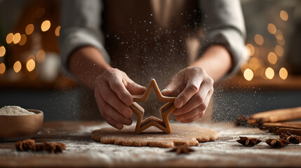 Hands shaping gingerbread dough with star-shaped cookie cutter