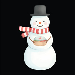 Cute snowman watercolor vector illustration holding bento box isolated on black background
