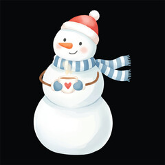 Cute snowman watercolor vector illustration holding tea cup isolated on black background
