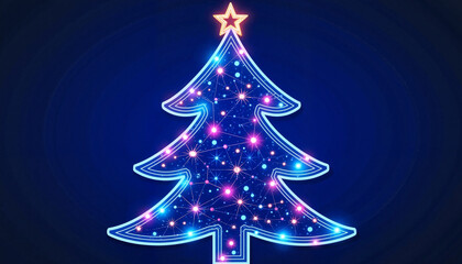 Vibrant Christmas tree constellation map in neon colors, holiday spirit