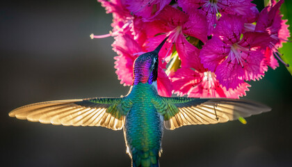 Naklejka premium A vibrant hummingbird with outstretched wings approaches bright pink flowers. Symbolizes energy, grace, natures beauty, and precision. Great for nature blogs, and travel.