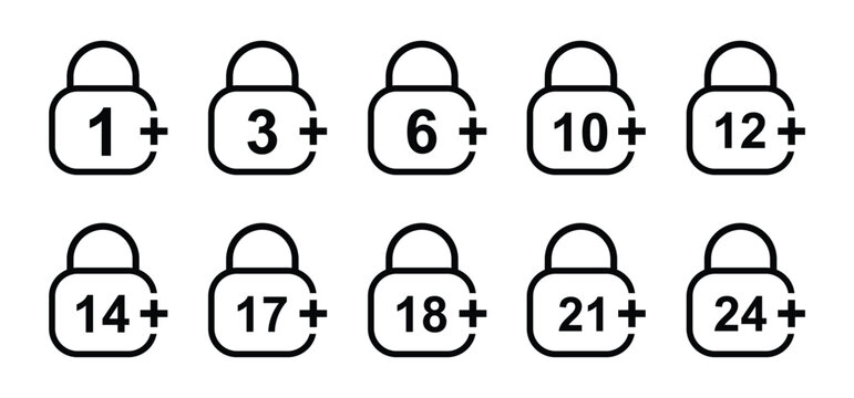 vector logo sets age limit sign, underage restriction, prohibition icon, age icon 1, 3, 6, 12, 14, 17, 18, 21, 24 years and above.