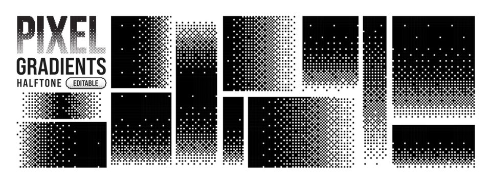 Dither pattern square and fade pixel background with dot effect line. Vector defragmentation element and icon techno disappear with illustration mosaic graphic. Geometric dither burst.