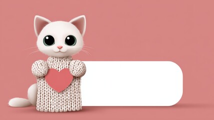 Adorable kitten with heart sweater on pink background for cute design and greeting cards