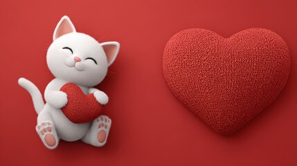 Obraz premium Adorable kitten holding heart with knitted heart on red background for valentines day poster
