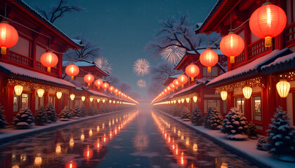 Winter festival scene with red lanterns and fireworks at night