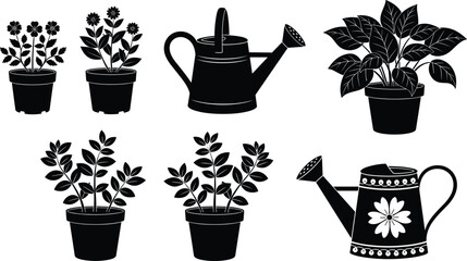 Set of Potted Plants and Watering Cans Silhouette, Indoor and Outdoor Flowers, Gardening Tools and Equipment Black Icons, Vector Illustration for Home and Garden