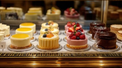 A selection of beautifully crafted cakes sits in a bakery display. Each cake features unique flavors vibrant colors and fresh fruits inviting customers to indulge in sweet treats.