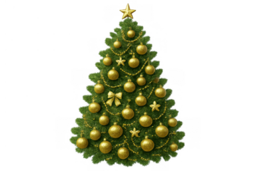 Green christmas tree standing tall, adorned with shiny gold ornaments, beads, and a star topper, celebrating winter holidays