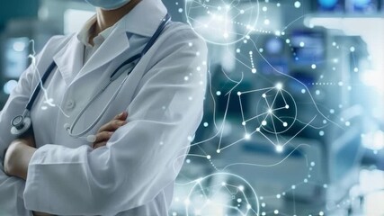 A doctor with a digital network symbolises innovation in medicine for presentations on technology as a futuristic backdrop.
- Powered by Adobe