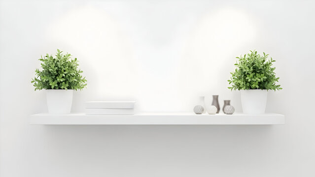 Minimalist white shelf with plants and decorative items on white textured wall - Powered by Adobe