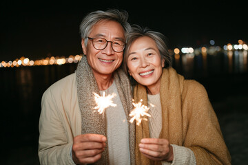 Happy Senior Couple Celebrating at Night with Sparklers by the Water Creating a Warm Festive Moment of Love and Togetherness