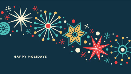 Happy Holidays printable banner, card, vector with Christmas snowflake card, winter, clipart, modern graphic snowflakes, business, Holiday card background, unique, simple style geometric shapes