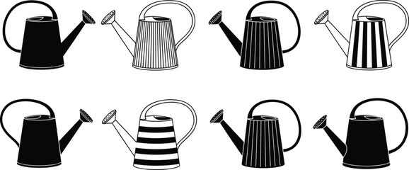 Set of Watering Cans Vector Illustration, Various Designs with Stripes and Patterns, Black and White Outline Icons for Gardening and Plant Care