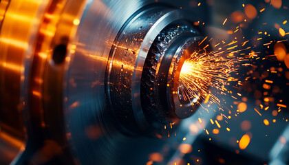 Internal grinding of a cylindrical part with an abrasive wheel on a machine, sparks fly in different directions. Metal machining.