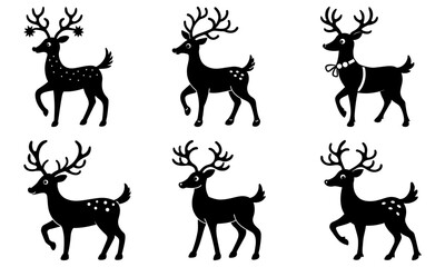 Fototapeta premium Silhouette collection of six stylized reindeers in various poses and decorations for christmas holiday season