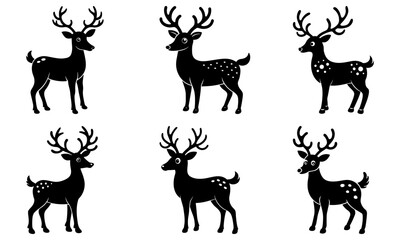Obraz premium Illustration of six stylized black deer with antlers and white spots on a white background in rows