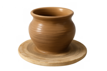 Handcrafted clay pottery vase on potter's wheel base, showing artisan craft, ceramic making, and creative work with transparent background