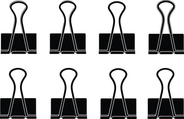 Vector Binder Clip Silhouette Set, Black and White Stationery Icons for Office, Documents, Paperwork, and Business Supplies