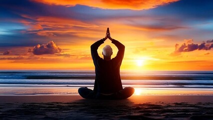 Peaceful yoga meditation at stunning sunset beach, ideal for wellness promotion