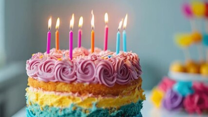 A cake with bright candles creates a festive mood for birthday cards as a joyful atmospheric backdrop.
