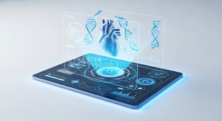 Advanced medical technology and diagnostics showcasing a digital human heart model and dna helix on a futuristic tablet interface with vital signs data visualization