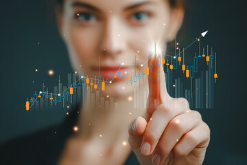Woman touching rising financial chart showing stock market growth and analytics.