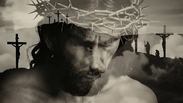 Jesus Christ wearing crown of thorns with Golgotha crosses in background, religious depiction for Good Friday and Easter