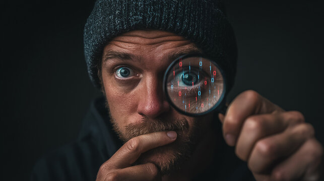 Man holding magnifier glass with binary code analysis hacker concept.