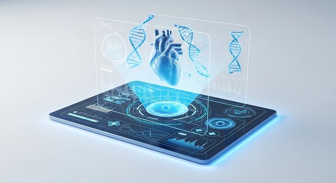 Advanced medical technology and diagnostics showcasing a digital human heart model and dna helix on a futuristic tablet interface with vital signs data visualization - Powered by Adobe