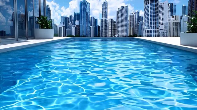 Luxury rooftop pool shimmers with city skyline reflecting in relaxing blue water