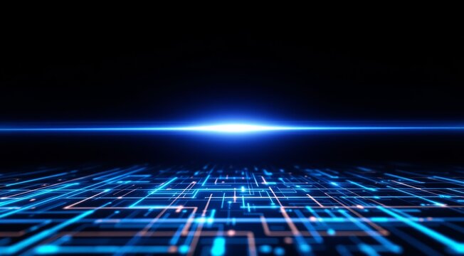 Abstract blue circuit pattern forming an interconnected digital network on a dark background for futuristic technology concept and data processing - Powered by Adobe