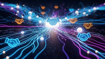 Dynamic digital pathways illustrate an intricate network of global connections, symbolizing collaborative partnerships, trust, and shared success within a technologically advanced ecosystem