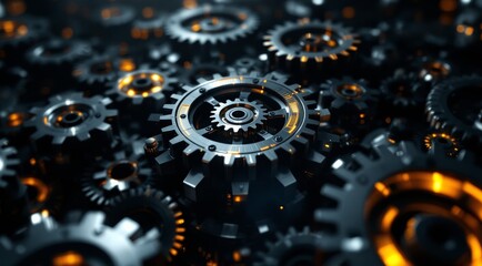Futuristic metallic gears system glowing with orange light against a dark background, representing a technological solution concept and modern industry