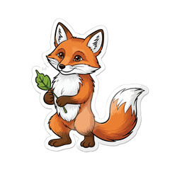 Obraz premium Adorable Cartoon Fox Standing and Holding a Green Leaf Sticker Design